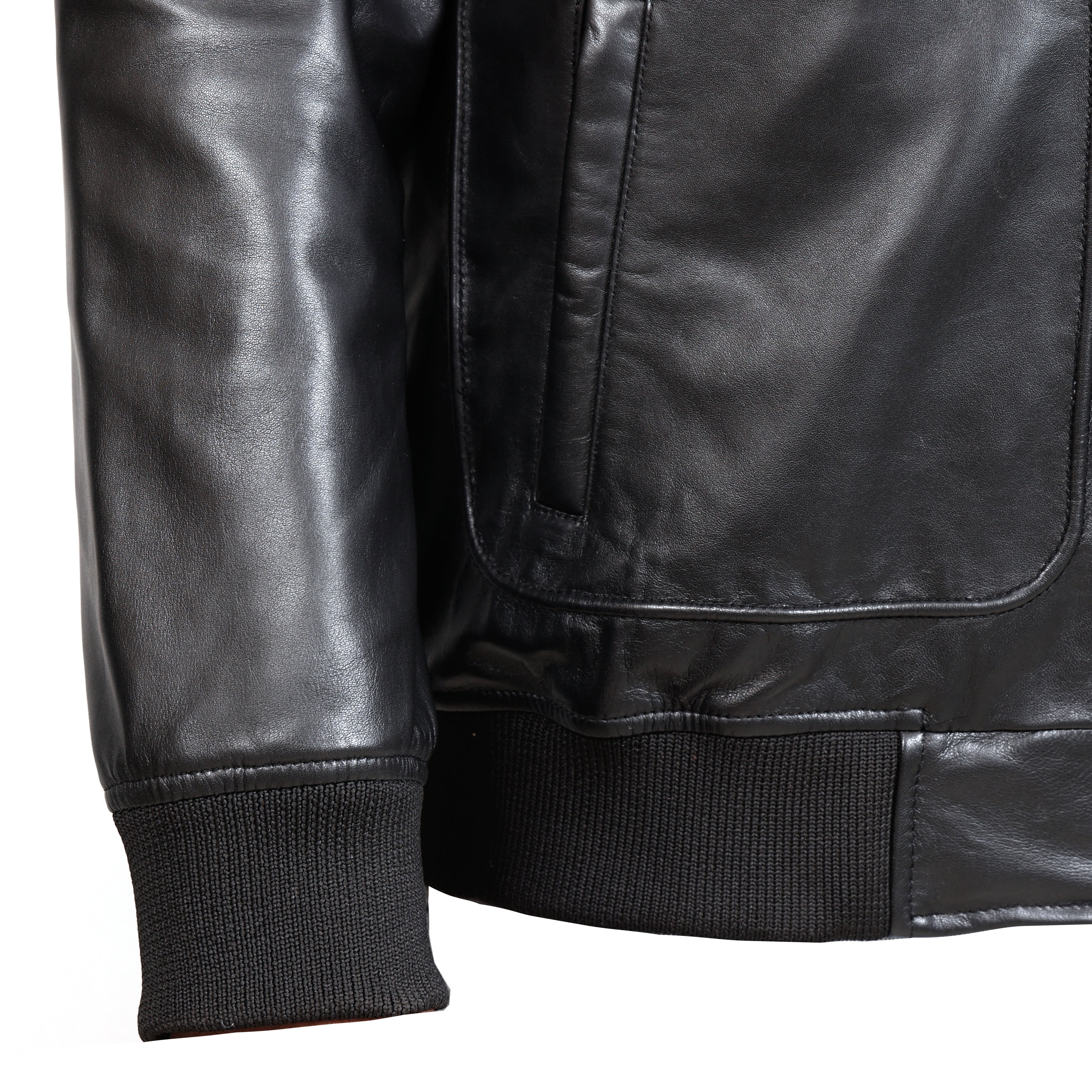 Close-up of a black leather jacket on a white background
