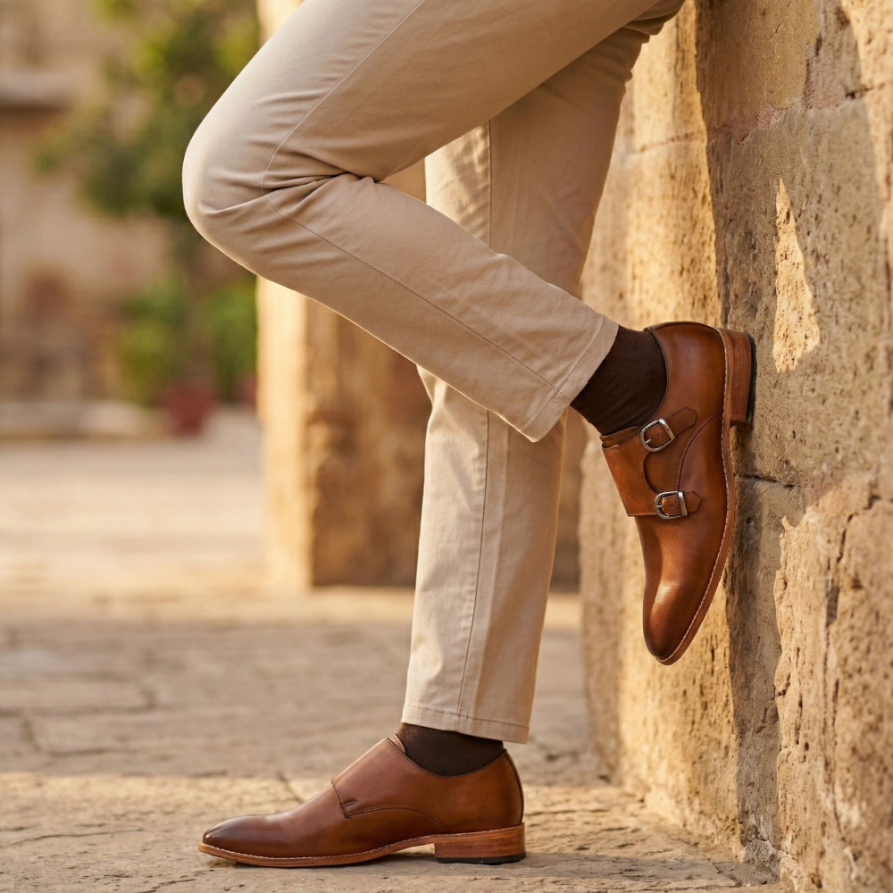Person wearing brown leather shoes and beige pants leaning against a stone wall.