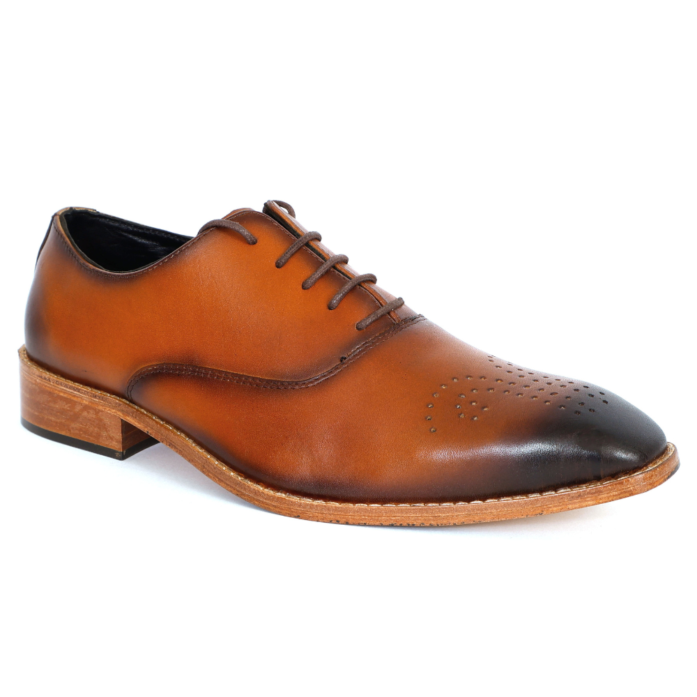 Brown leather dress shoe on a white background