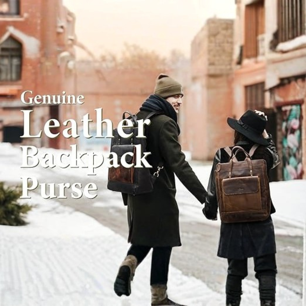 Two people walking in a snowy street with leather backpacks, text 'Genuine Leather Backpack Purse'.