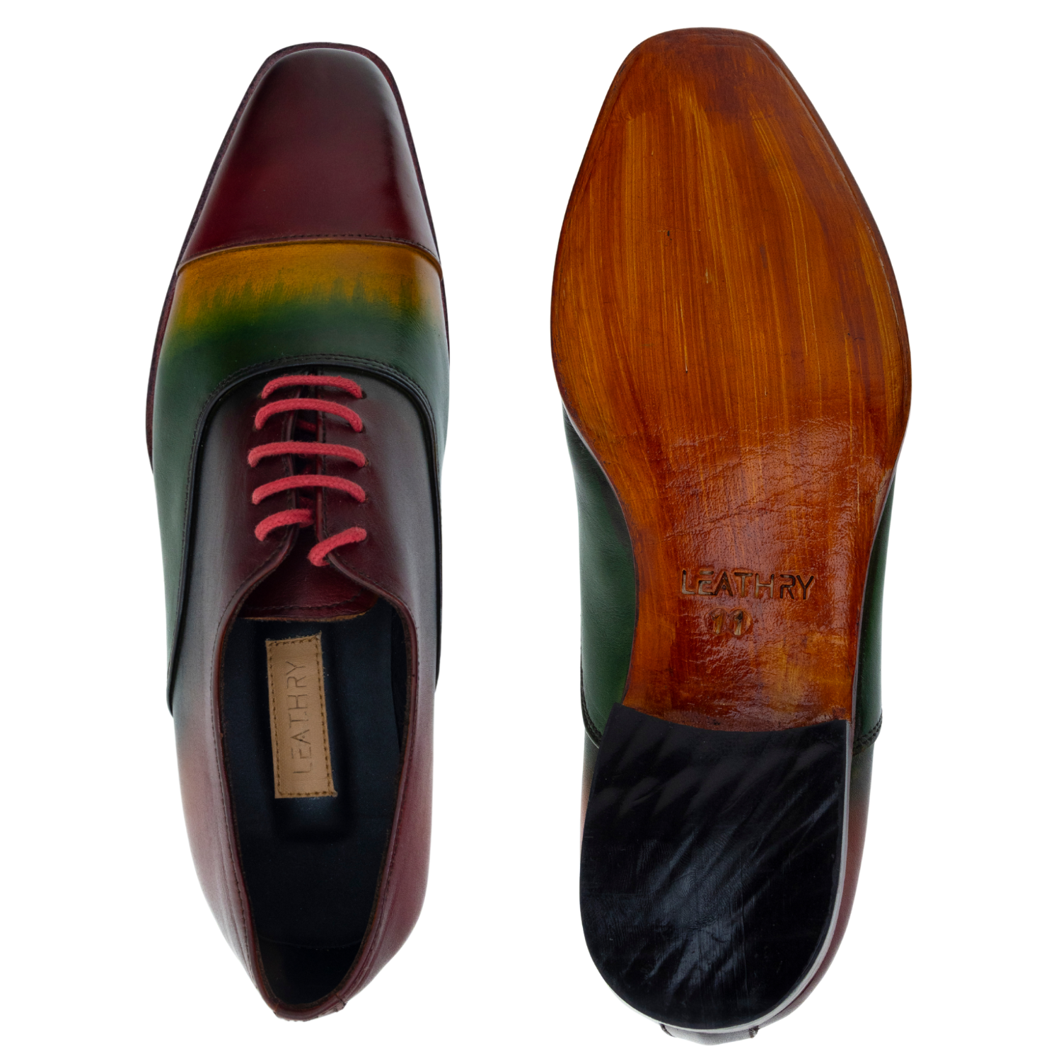 Two views of a multicolored dress shoe with 'Bacca Bucci' branding on a white background.