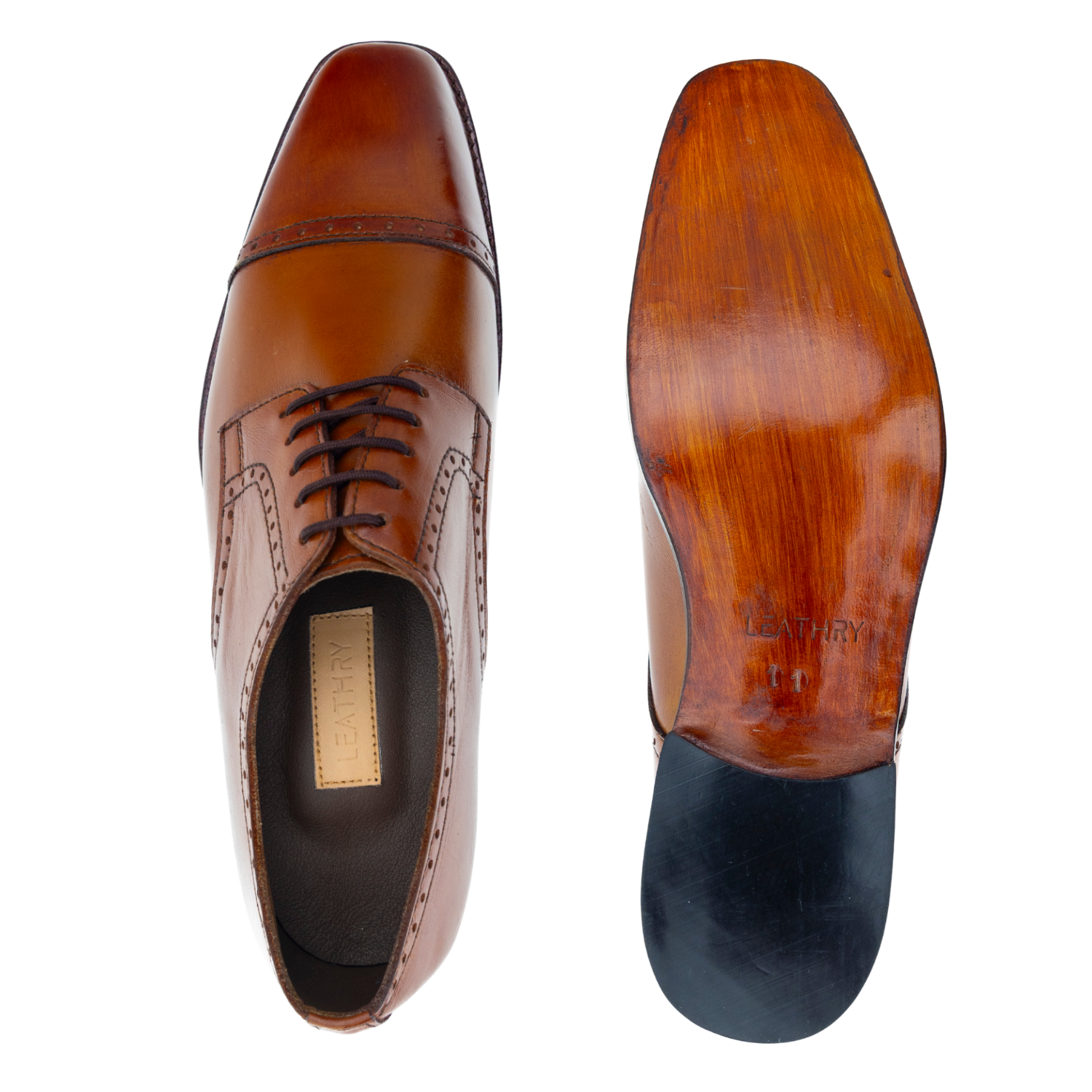 Brown leather dress shoe with wooden sole on a white background