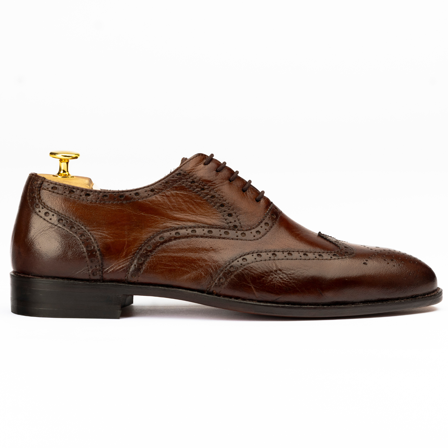 Brown leather dress shoe with a gold tip on a white background