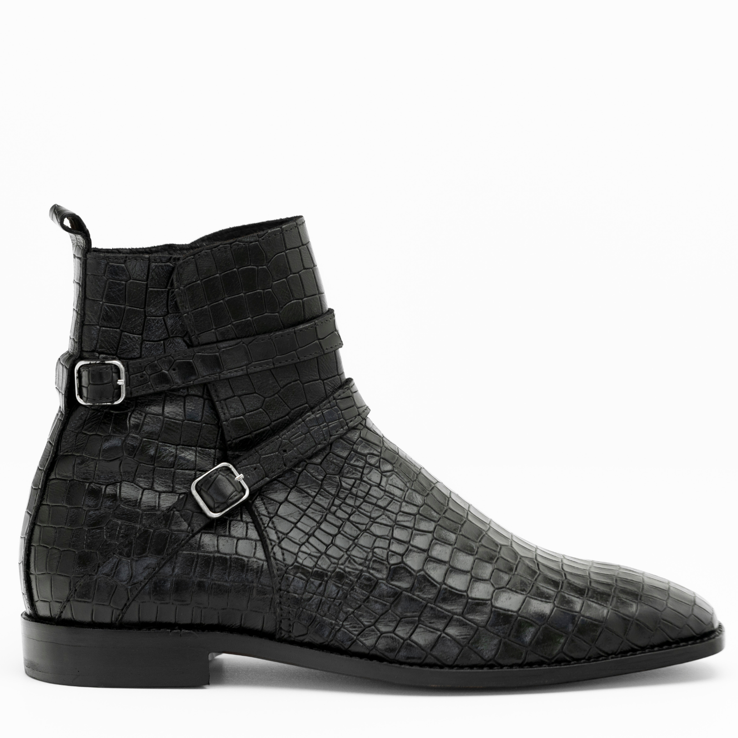 Black crocodile-patterned ankle boot with buckles on a white background