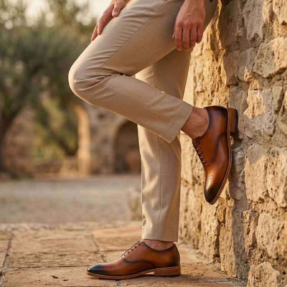Person wearing brown leather shoes and beige pants leaning against a stone wall.
