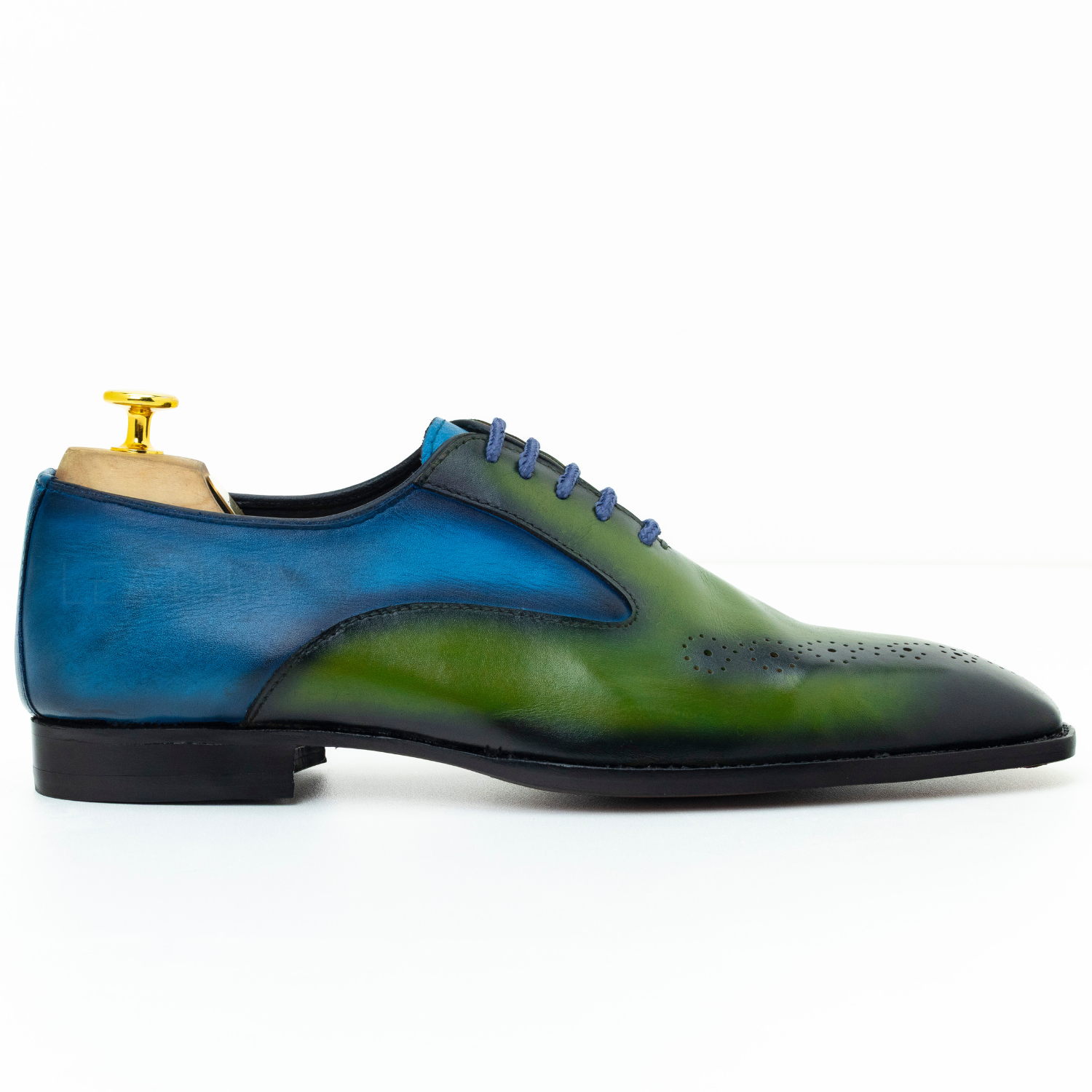 Green and blue leather shoe on a white background
