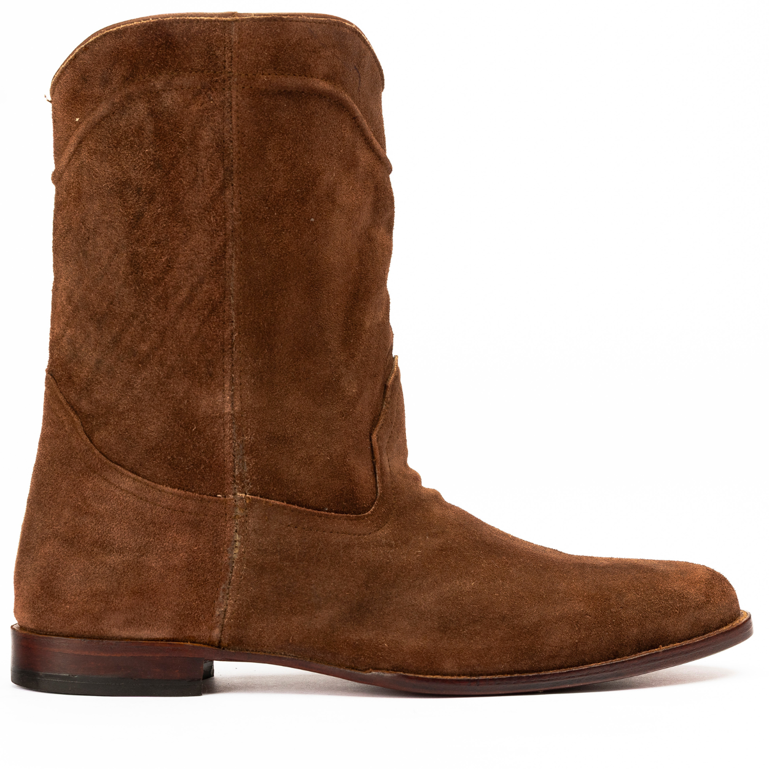 Brown suede boot on a white background