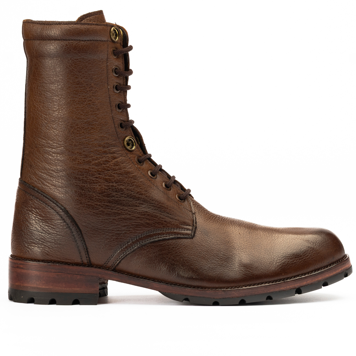Brown leather boot with laces on a white background