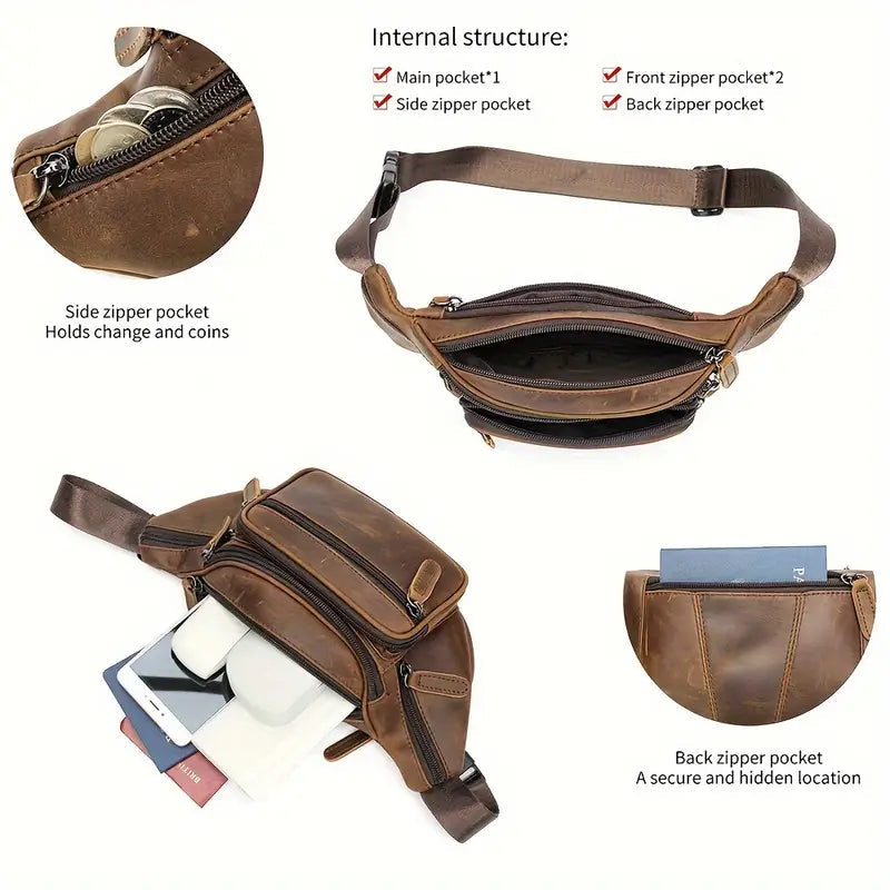 Brown leather waist bag with multiple pockets and compartments on a white background