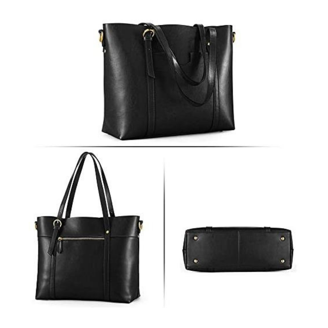 Black leather handbag with shoulder strap on a white background