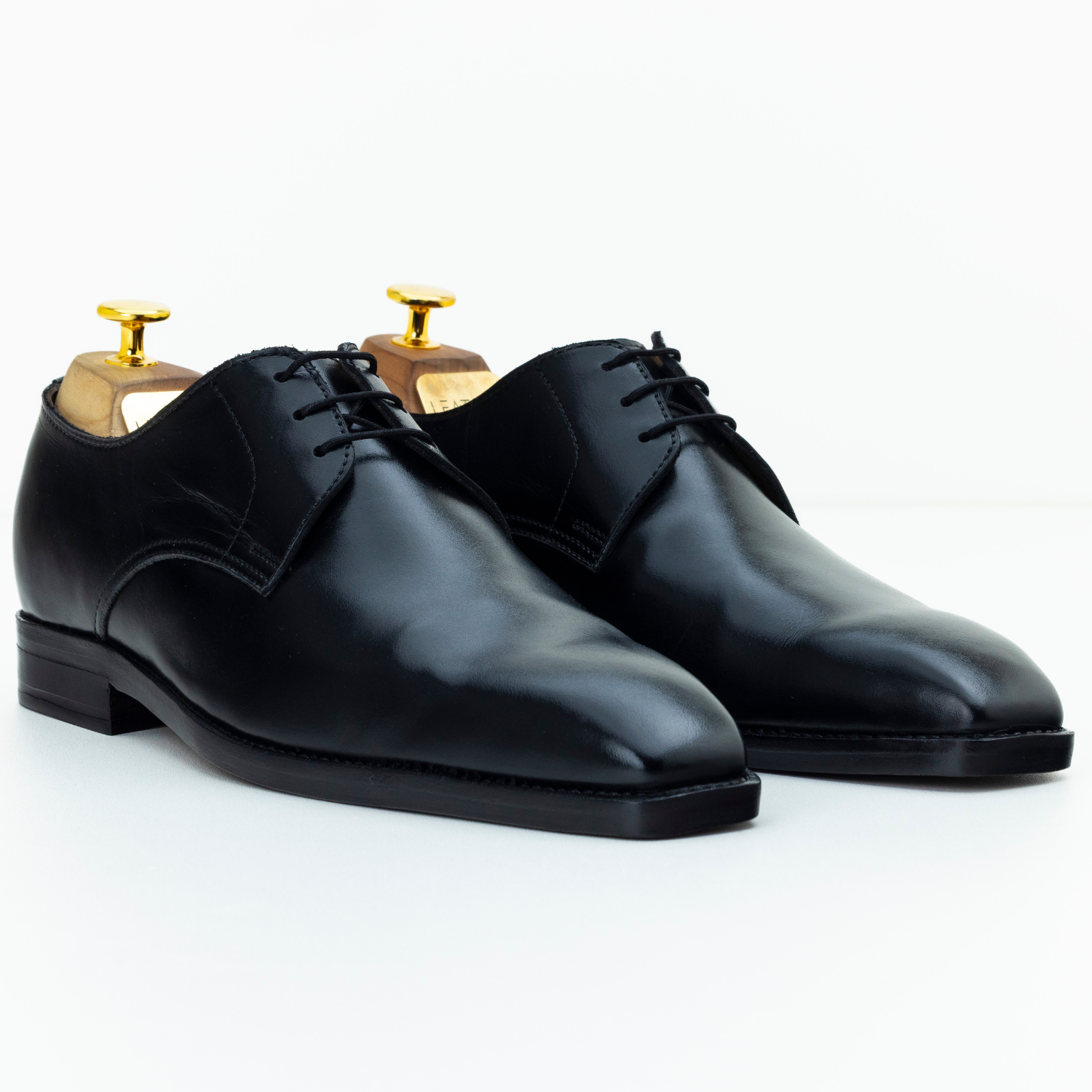 Pair of black dress shoes on wooden stands against a white background