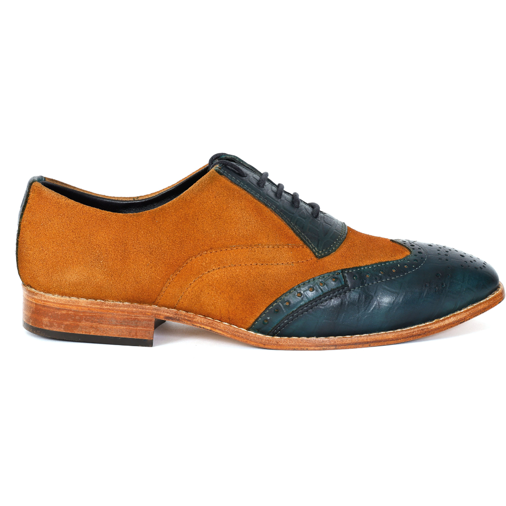 Brown and blue dress shoe on a white background