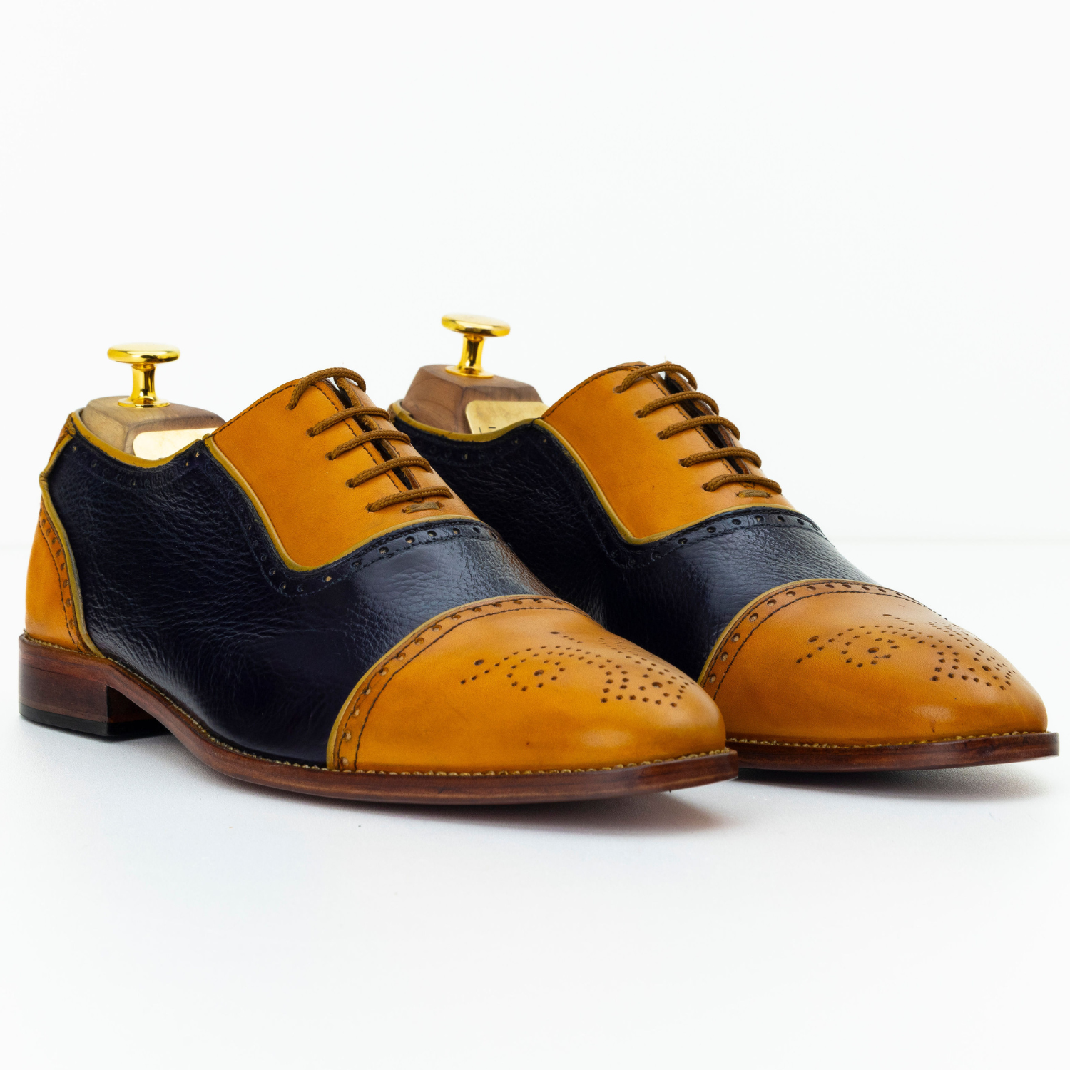 Pair of black and brown leather shoes on a white background