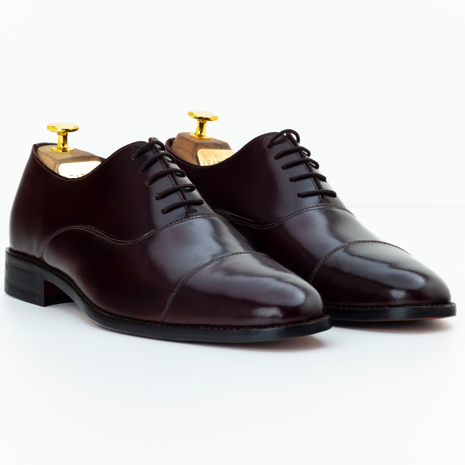 Pair of brown leather dress shoes on a white background