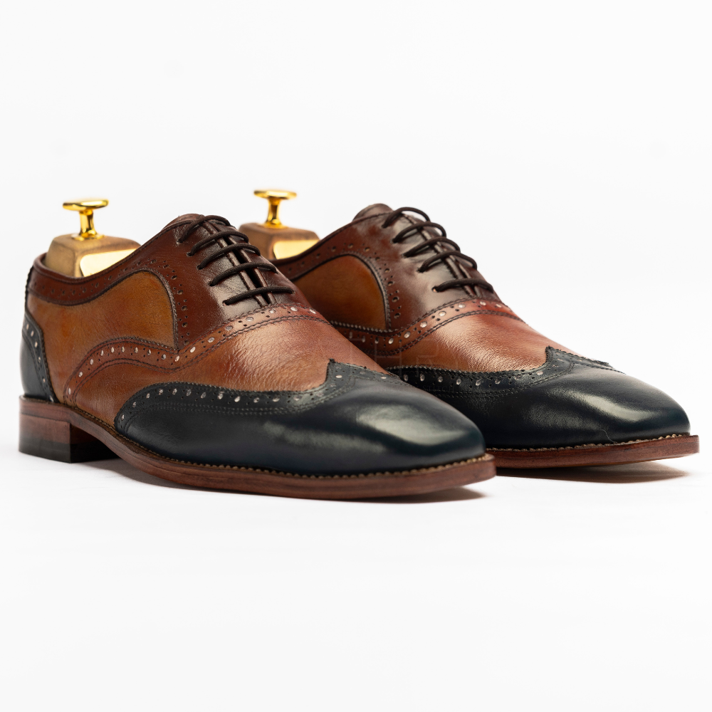 Brown and black leather dress shoes on a white background