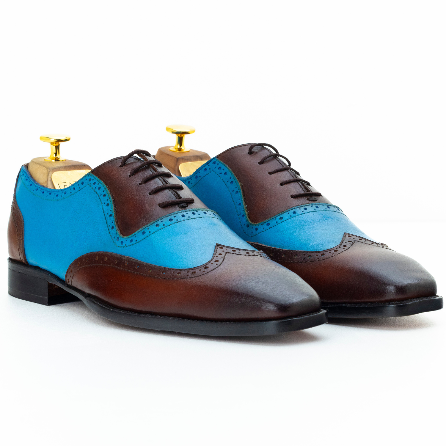 Pair of brown and blue dress shoes on a white background