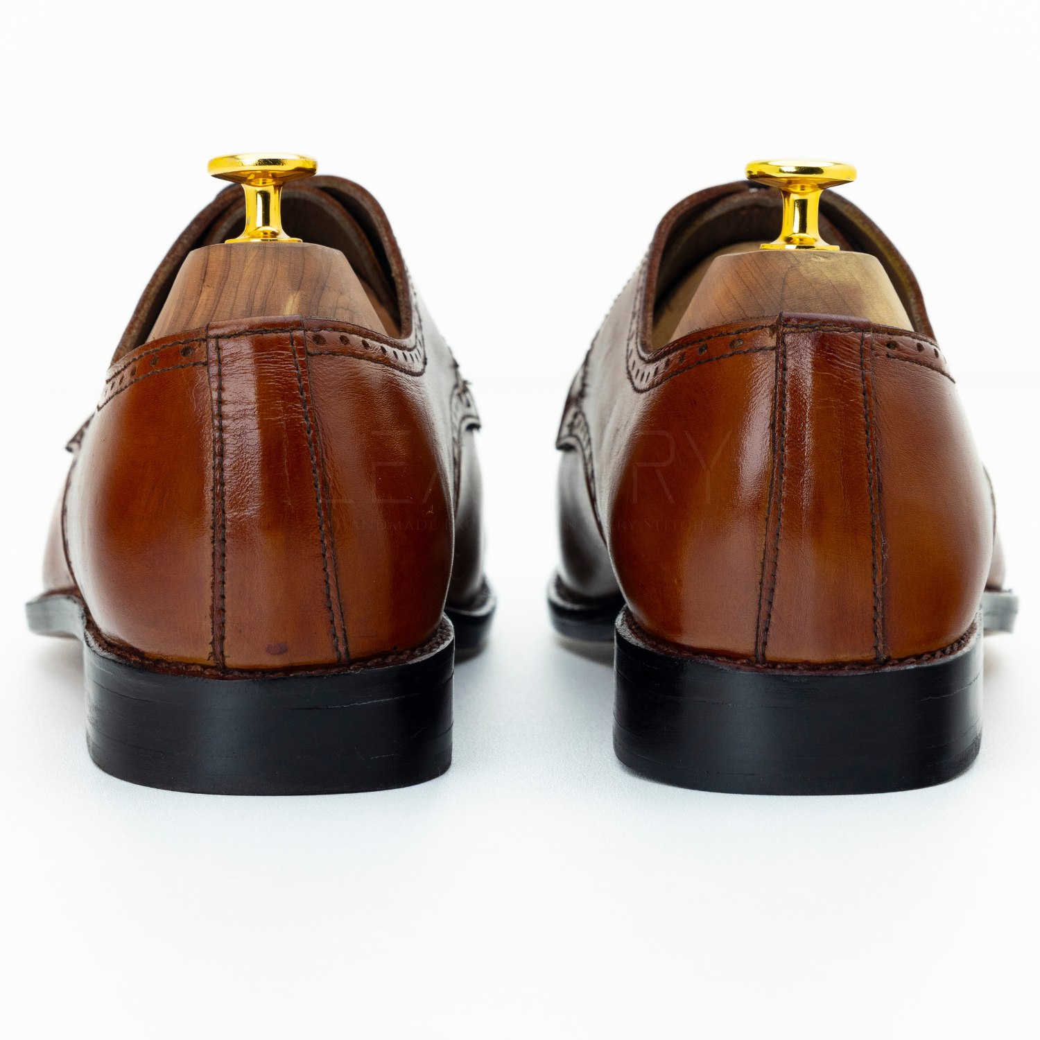 Brown leather shoes with gold accents on a white background