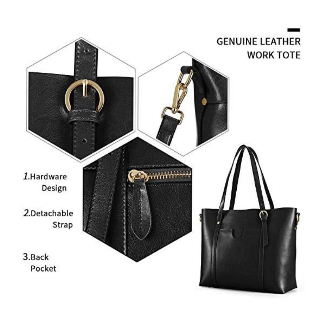 Black leather work tote with detachable strap and back pocket, labeled features on a white background.