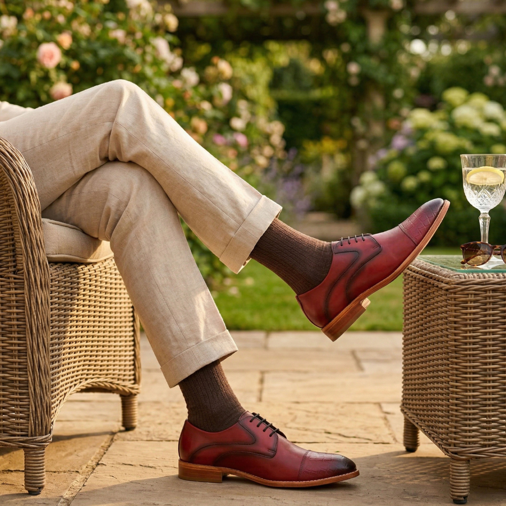 Person wearing red shoes and beige pants sitting outdoors with a glass of white wine.