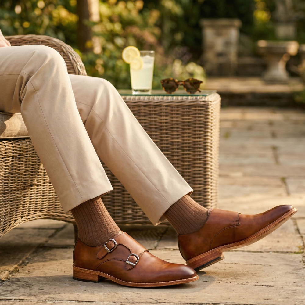 Person wearing brown leather shoes and beige pants sitting outdoors with a drink on a table.