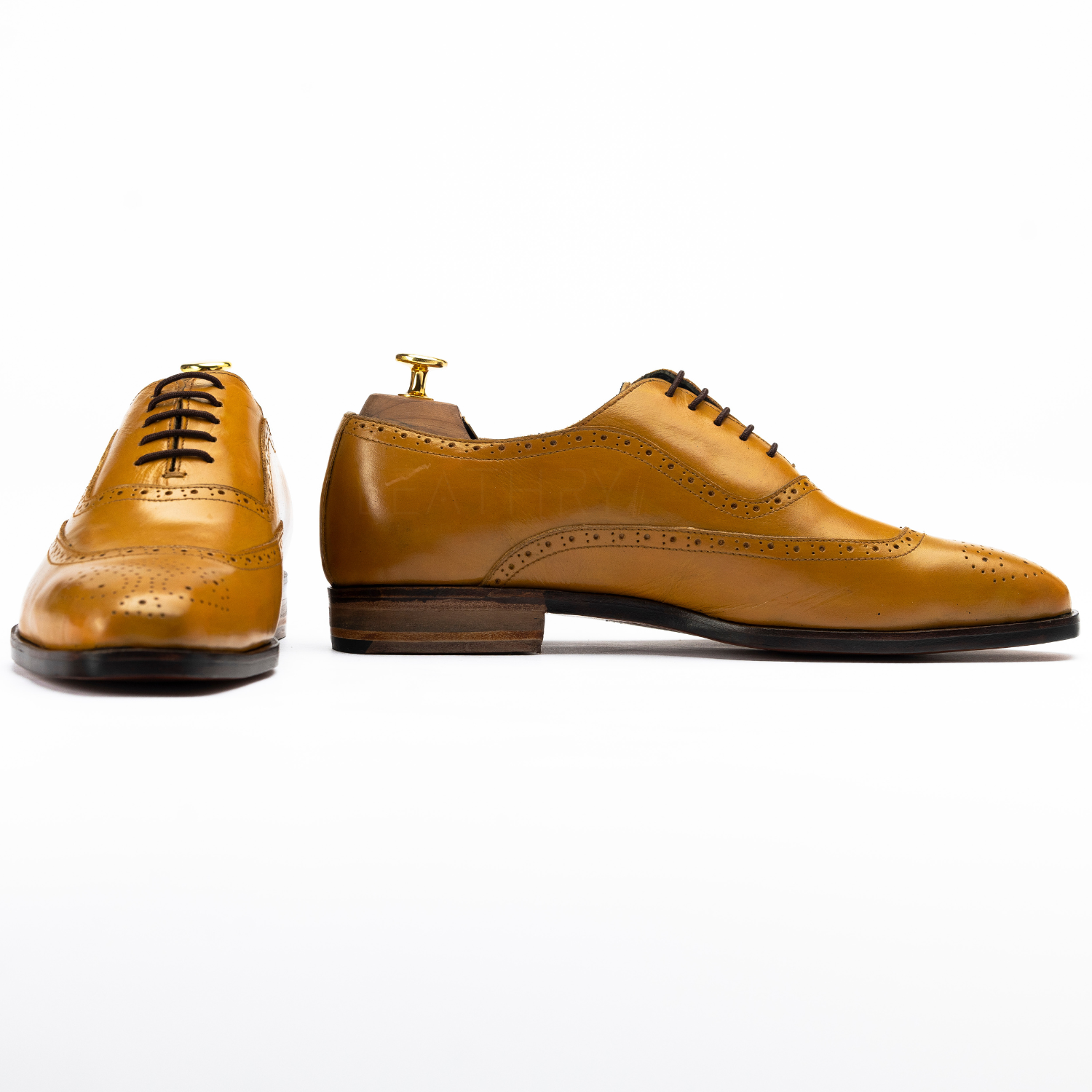 Pair of tan leather dress shoes on a white background