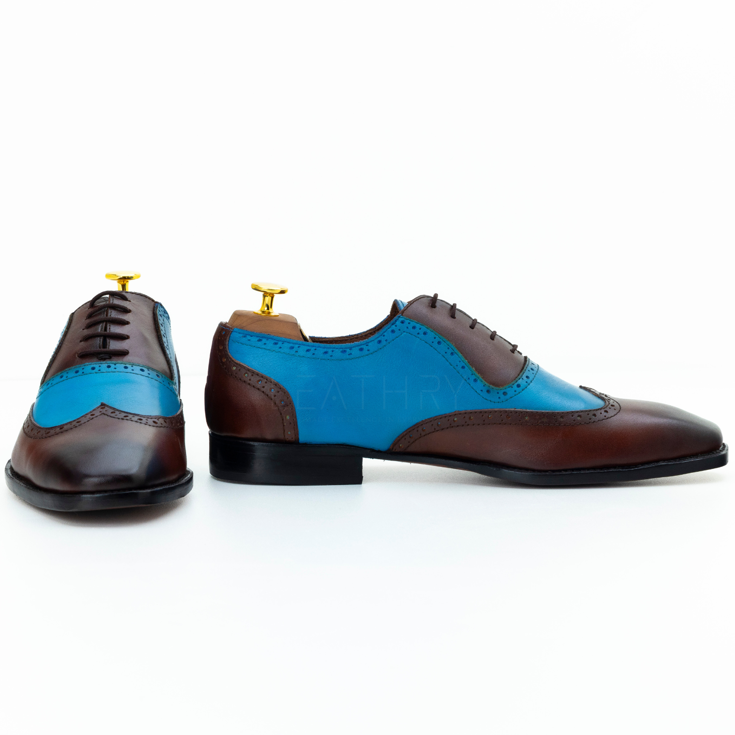 Brown and blue leather shoes on a white background