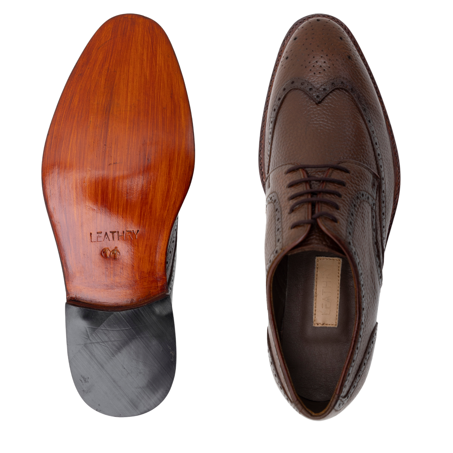 Brown leather shoe with wooden sole on a white background