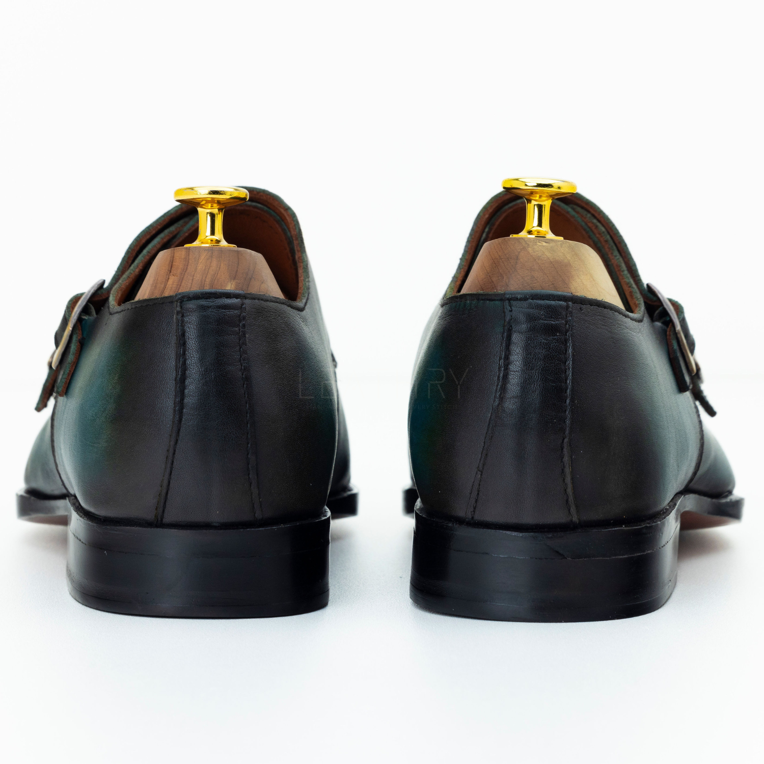 Black leather shoes with gold buckles on a white background
