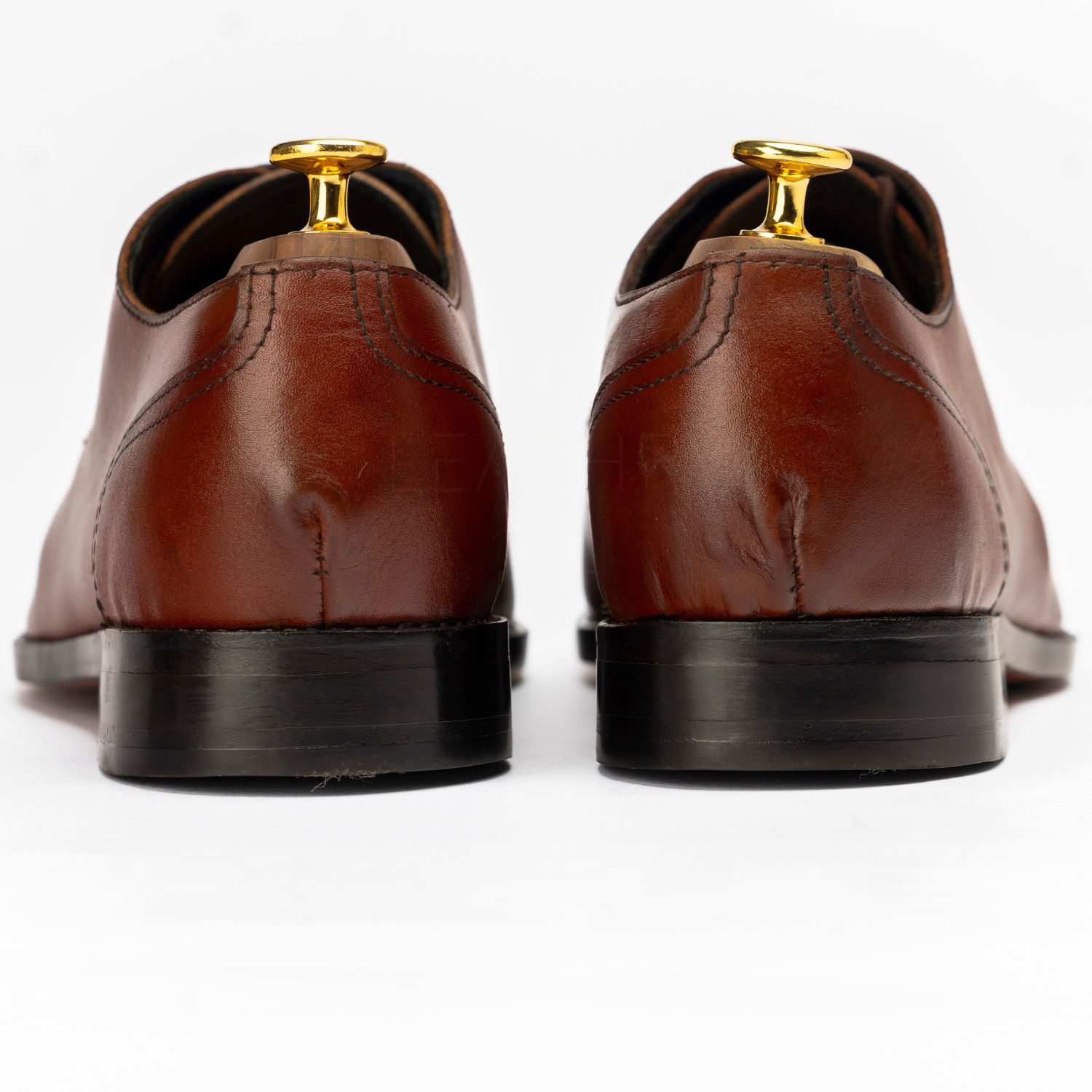 Brown leather dress shoes with gold tips on a white background