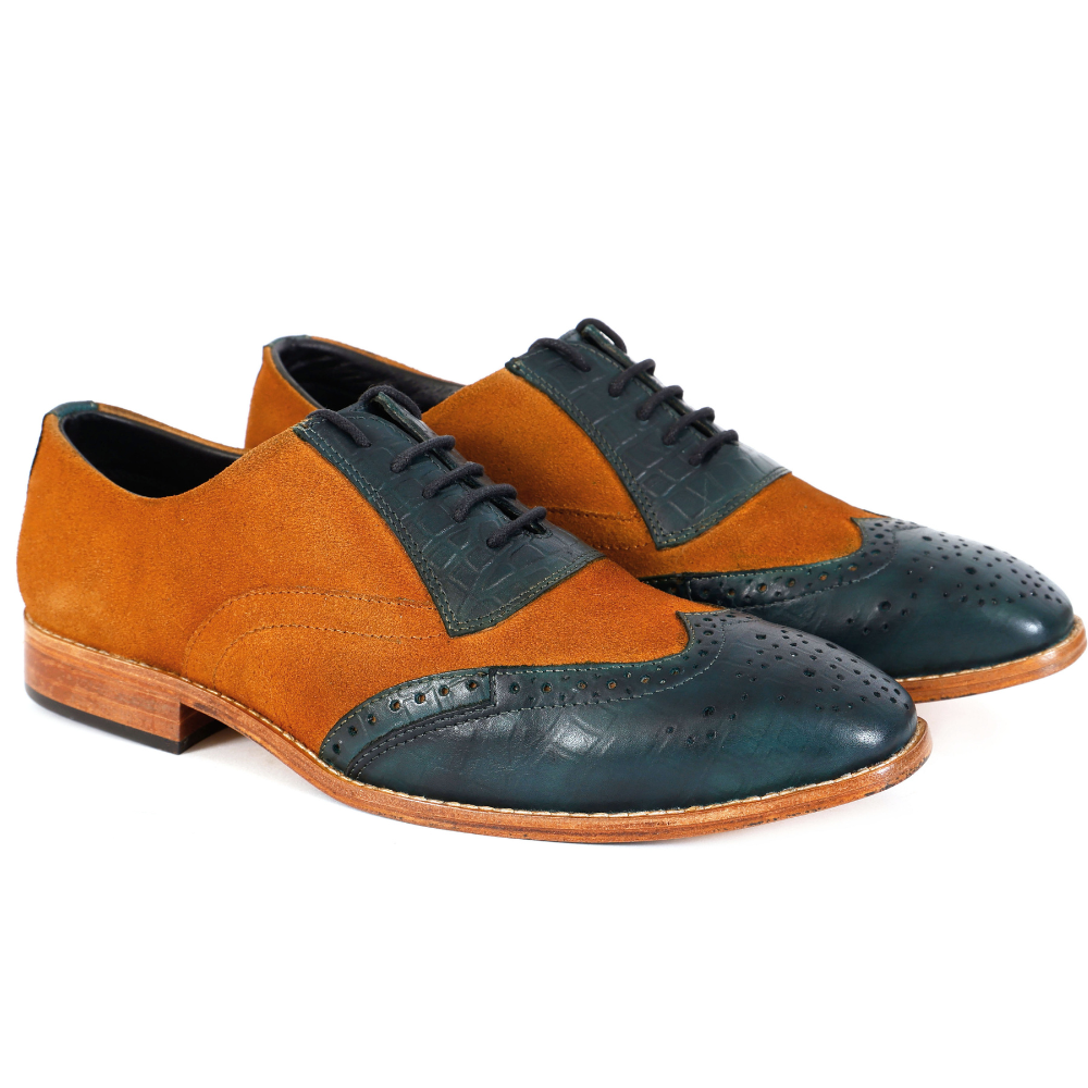 Pair of brown and blue dress shoes on a white background