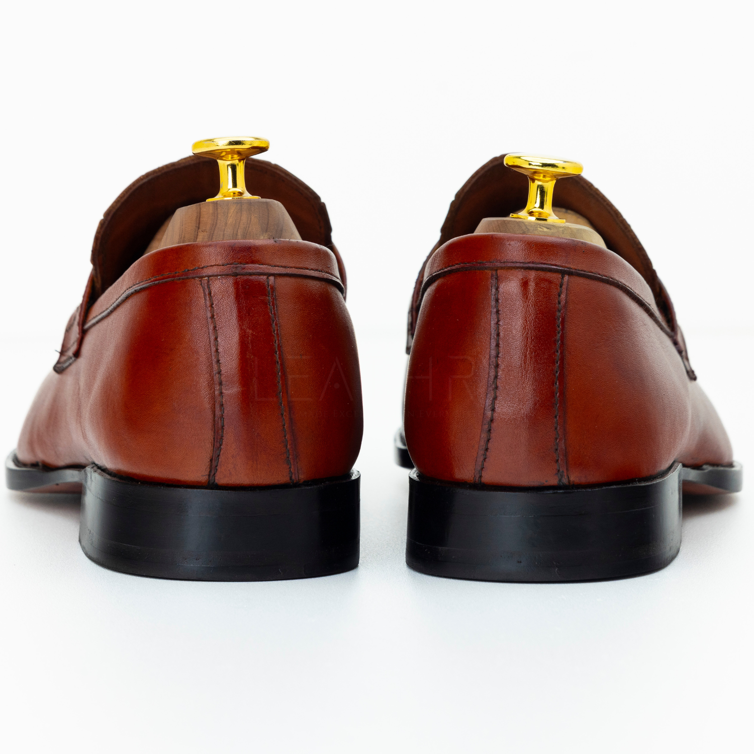 Brown leather loafers with gold tips on a white background
