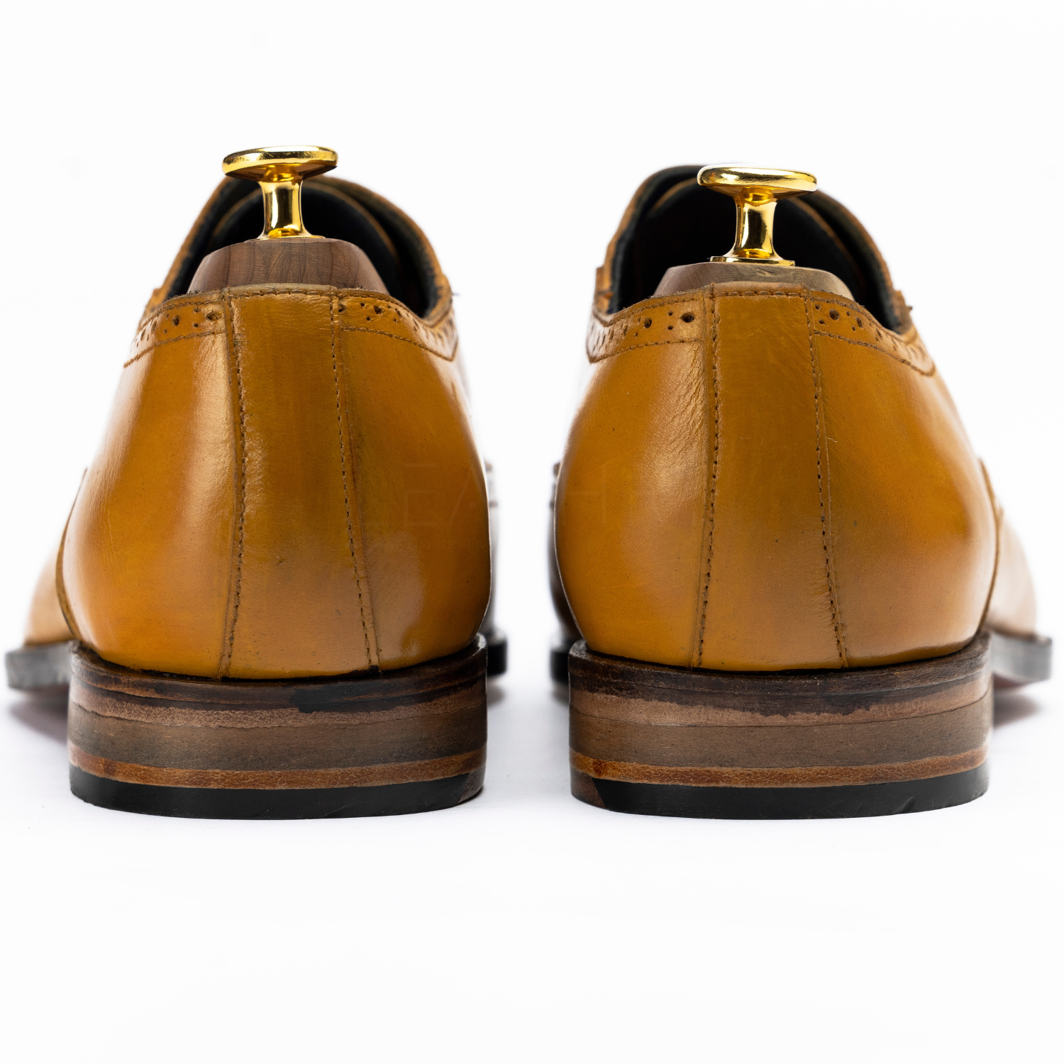 Brown leather shoes with gold accents on a white background
