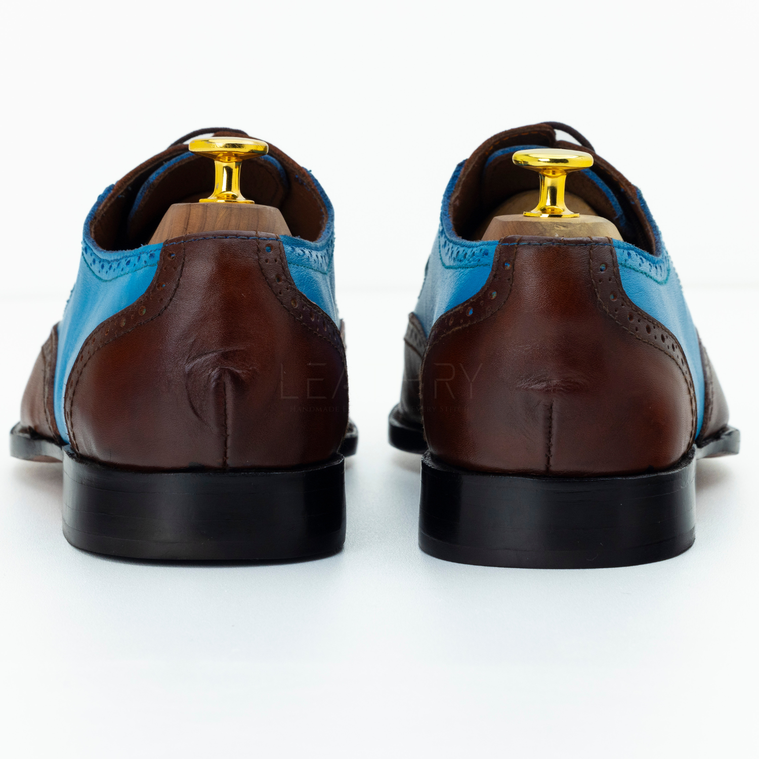 Brown and blue leather shoes with gold accents on a white background