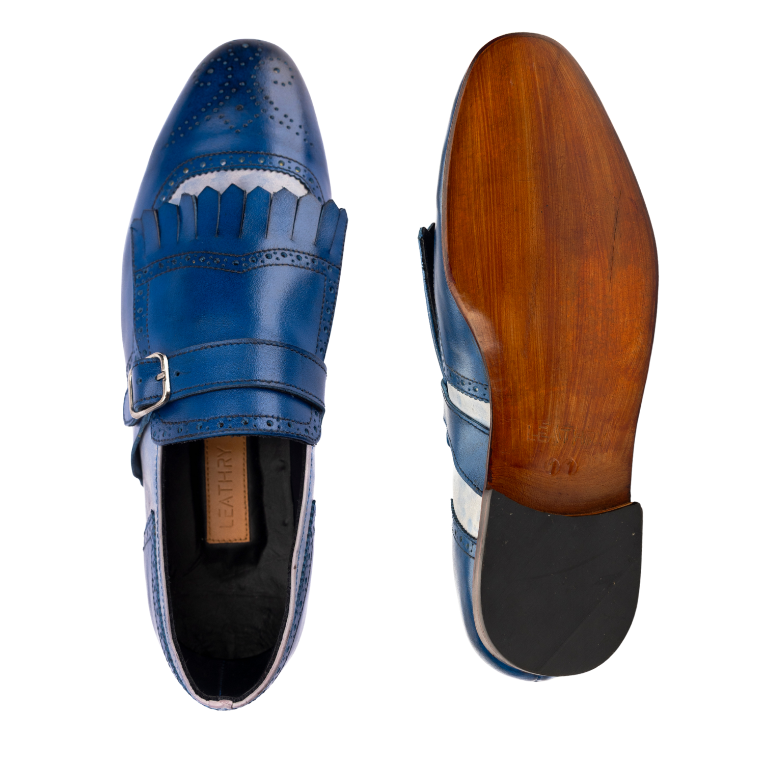 Blue leather dress shoe with wooden sole on a white background