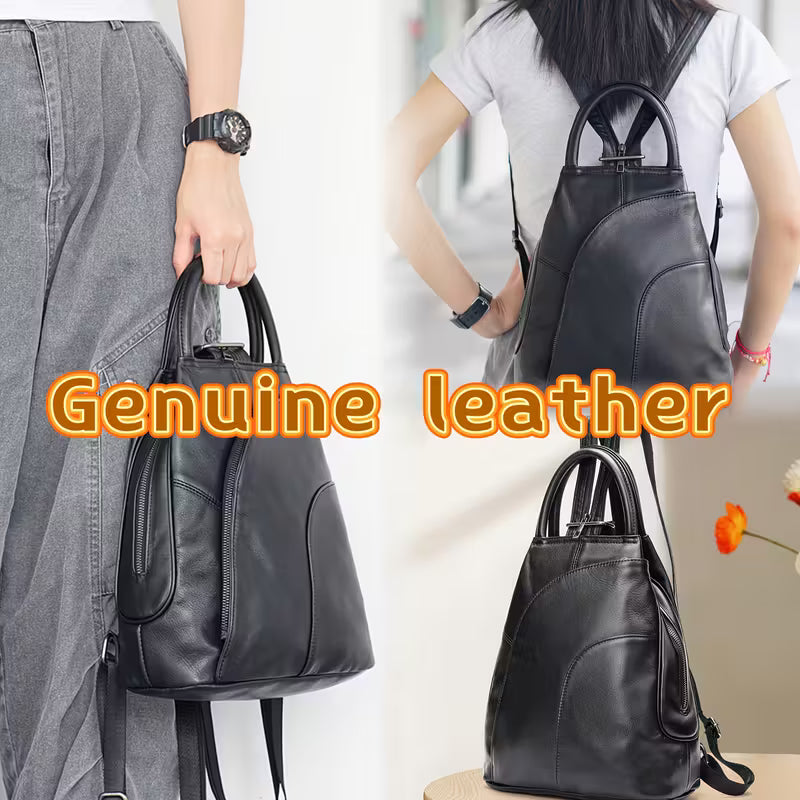 Black leather backpack held by a person with 'Genuine leather' text overlay.
