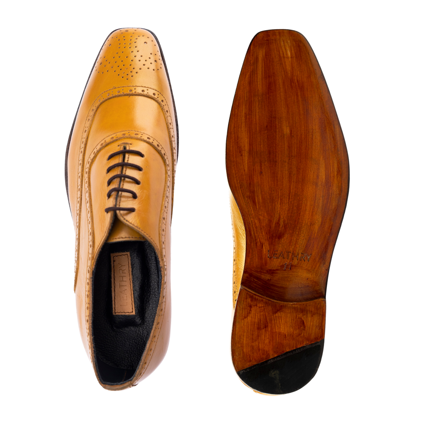 Tan leather dress shoe with wooden sole on a white background