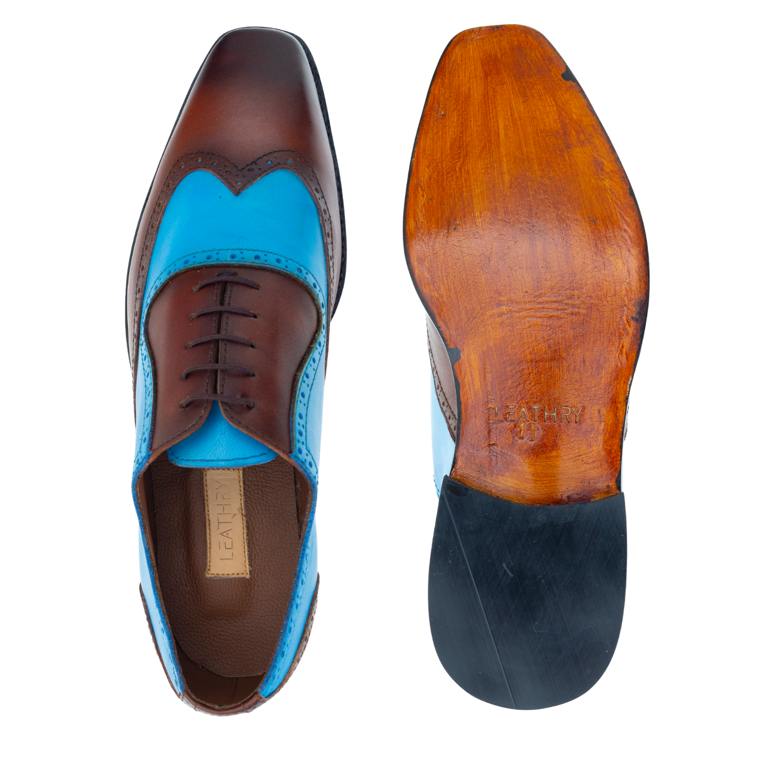 Brown and blue dress shoe with a visible brand name on a white background