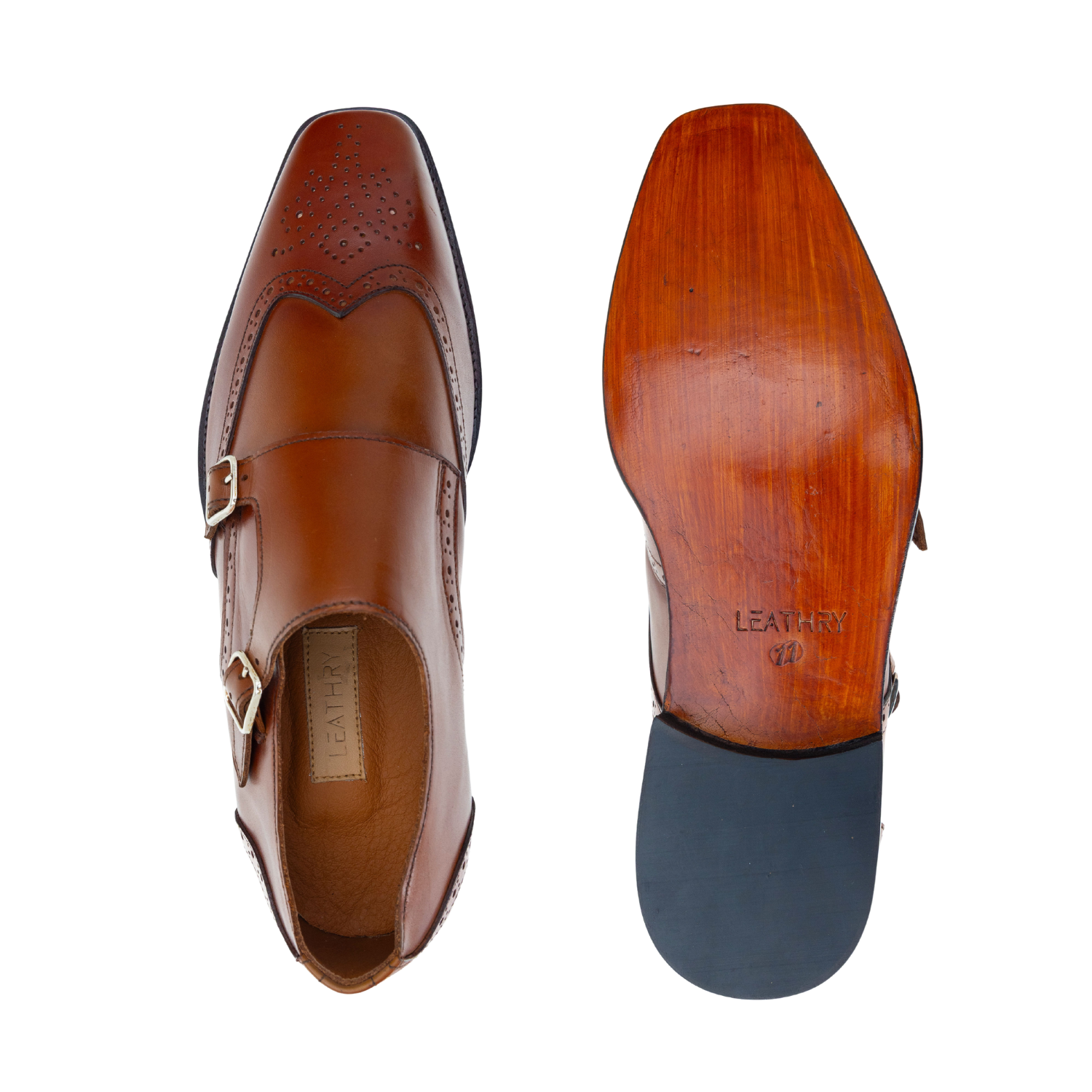 Brown leather shoes with a blue sole on a white background