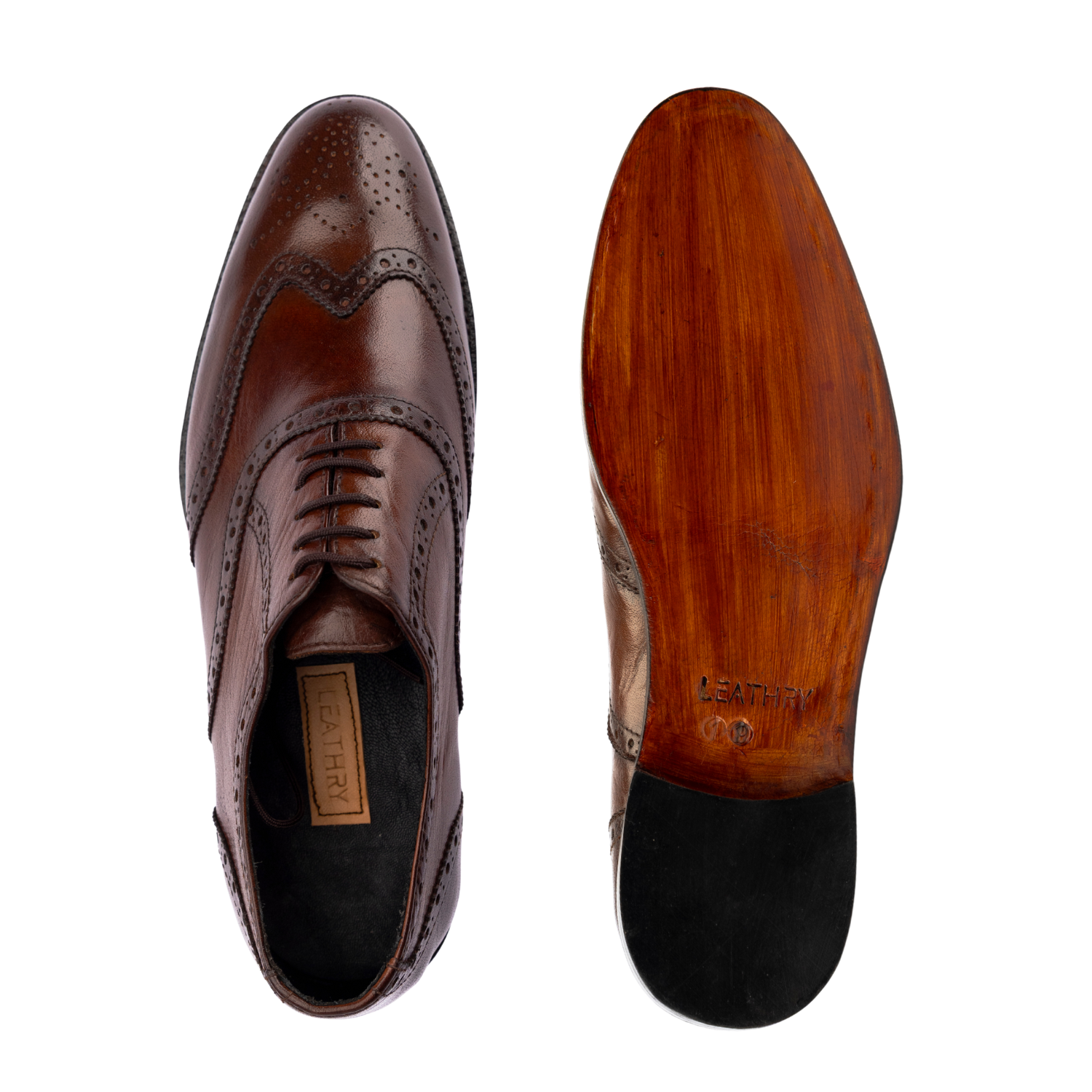 Brown leather dress shoe with a visible brand logo on a white background