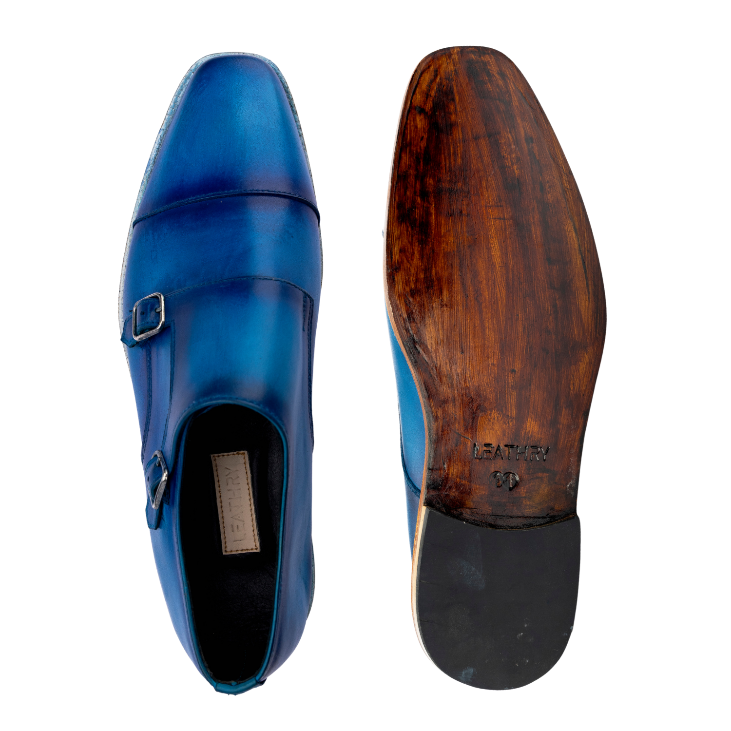 Blue leather shoe with wooden sole on a white background