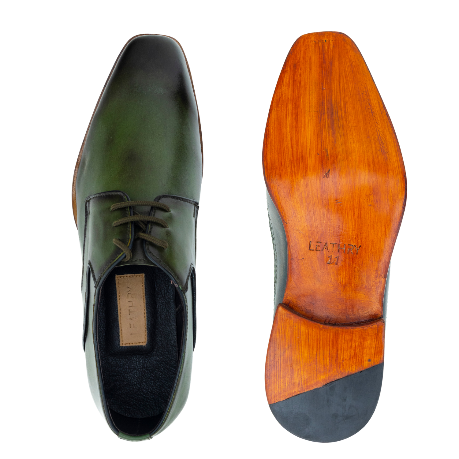 Green leather shoe with wooden sole on a white background