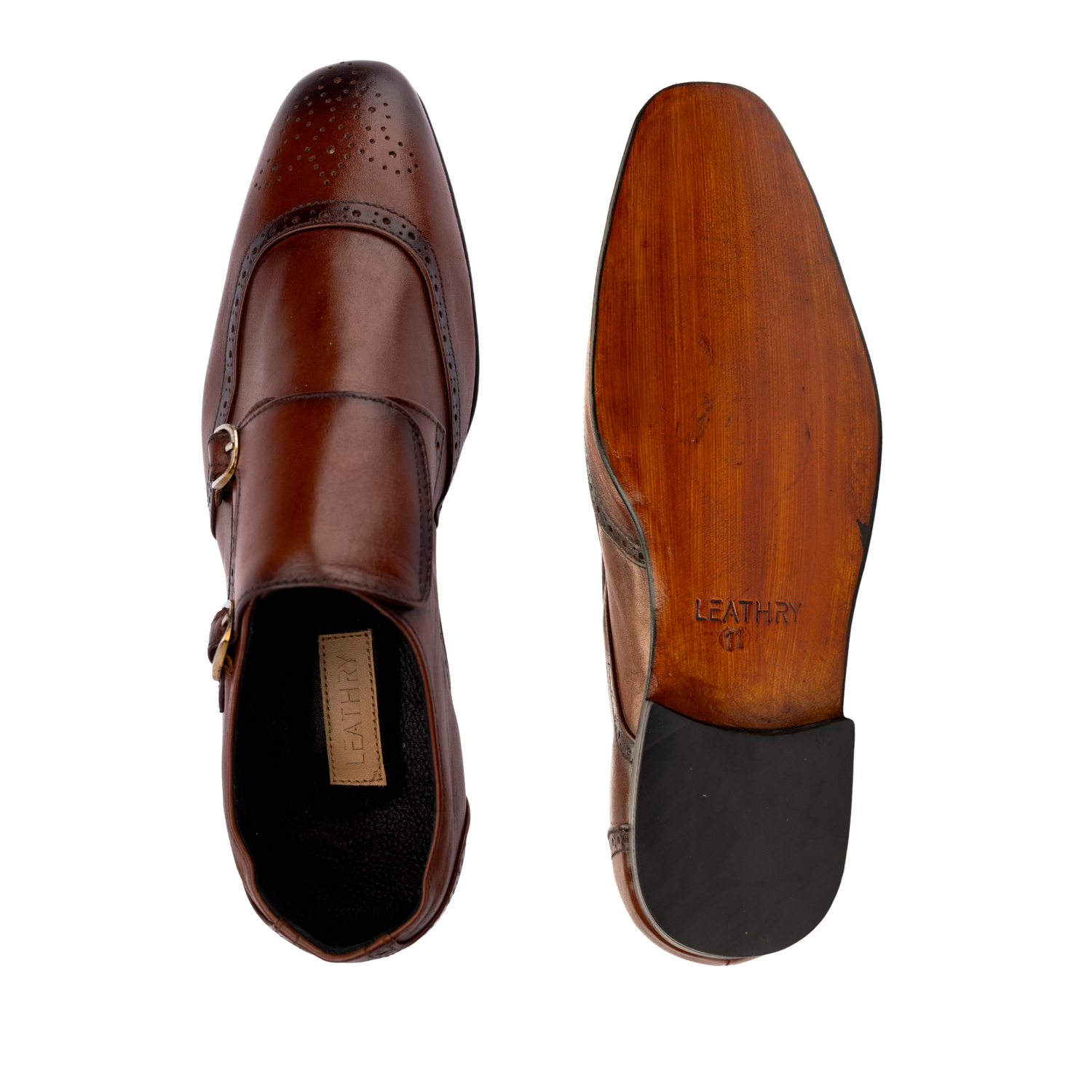 Brown leather shoe with wooden sole on a white background