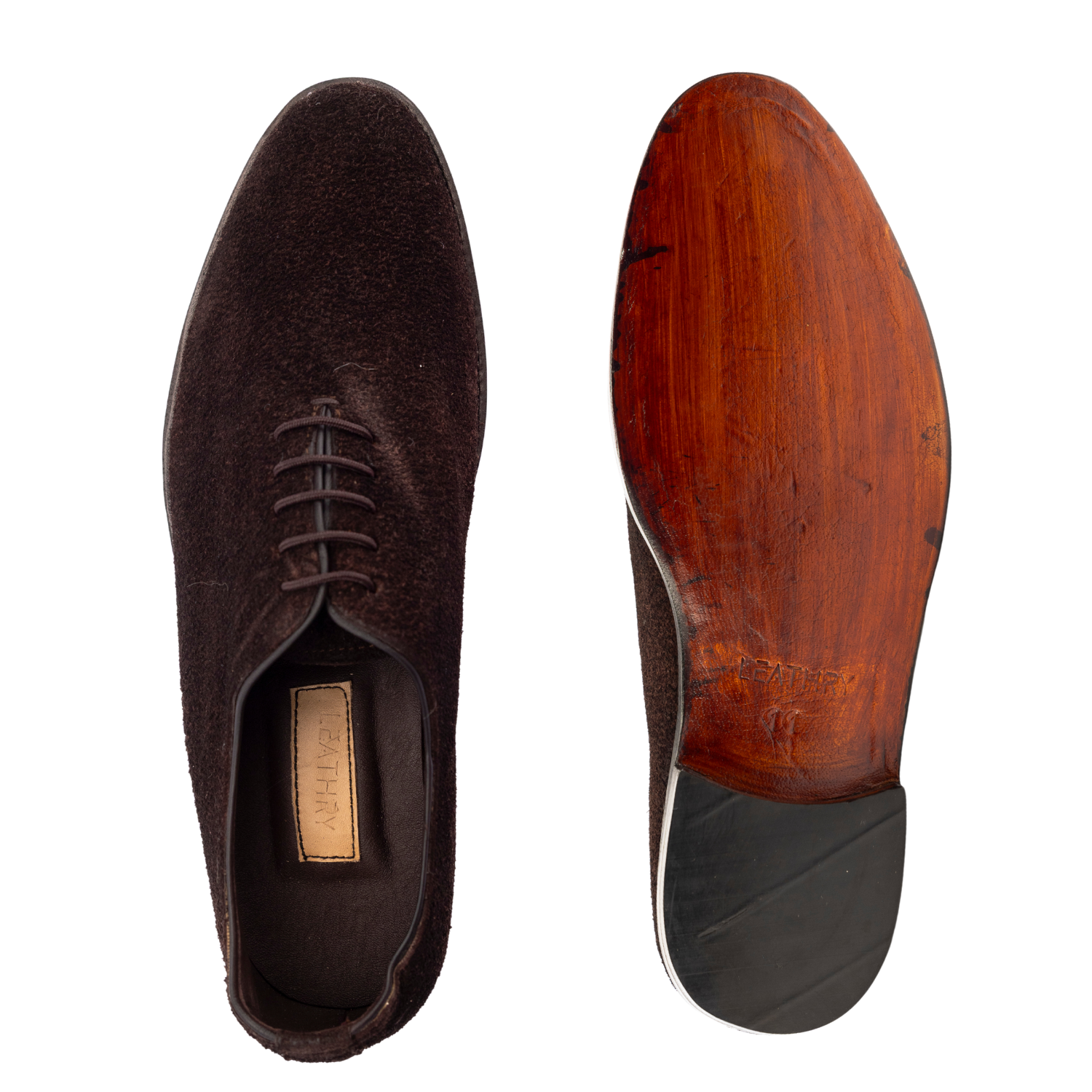 Brown suede shoe with wooden sole on a white background