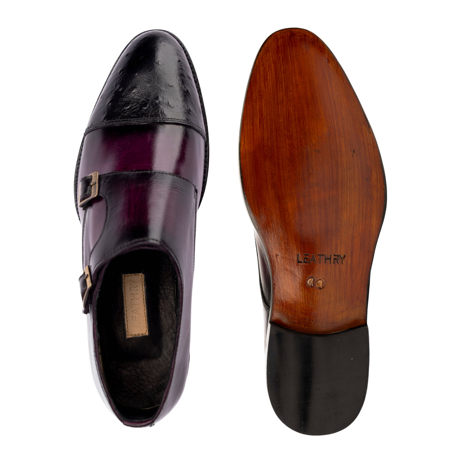 Purple dress shoe with wooden sole on a white background