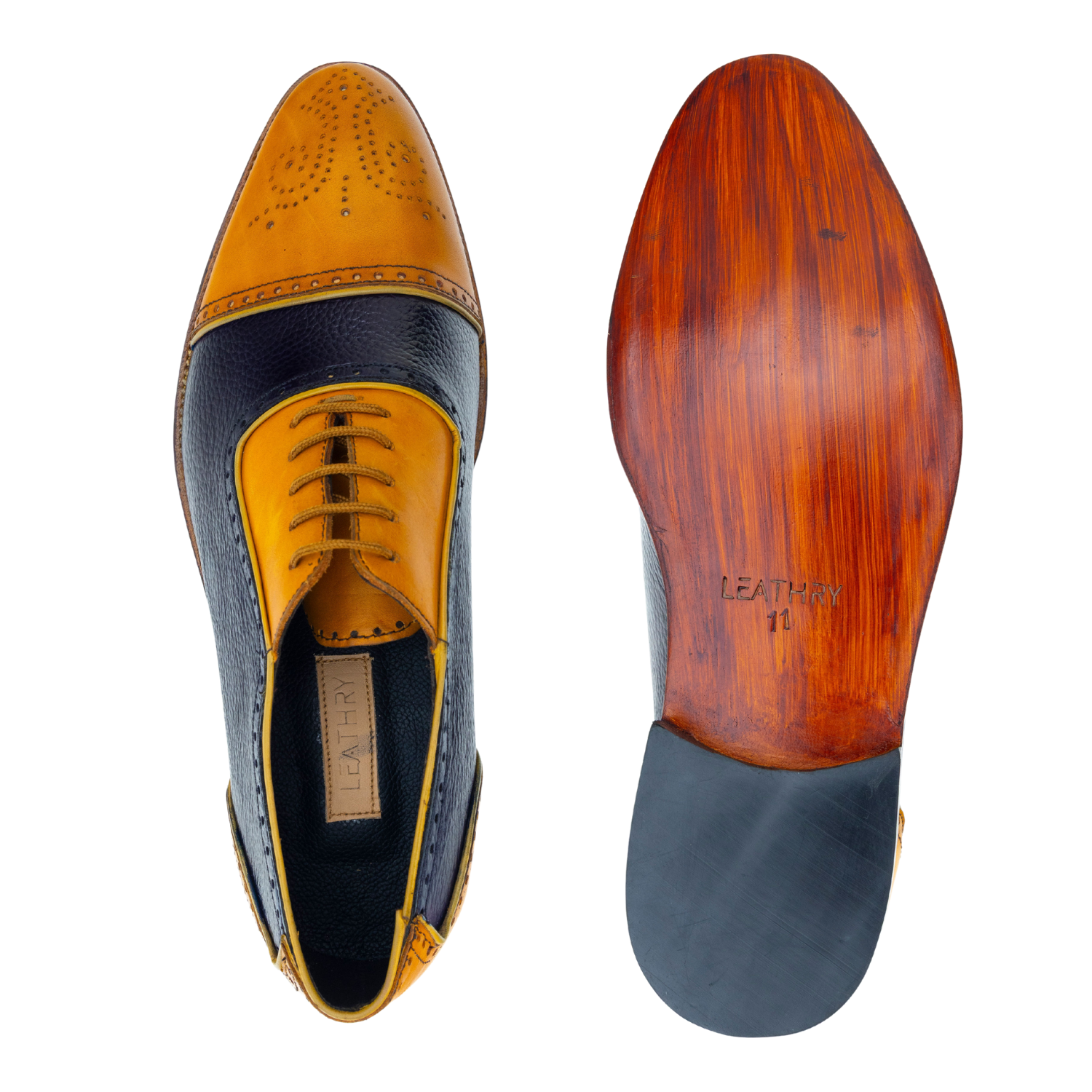 Pair of men's dress shoes with wooden sole on a white background