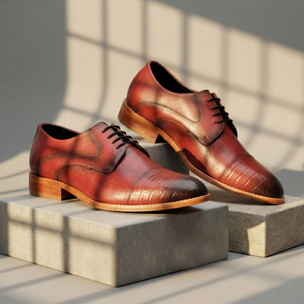 Pair of brown leather shoes on a concrete surface with sunlight casting shadows.