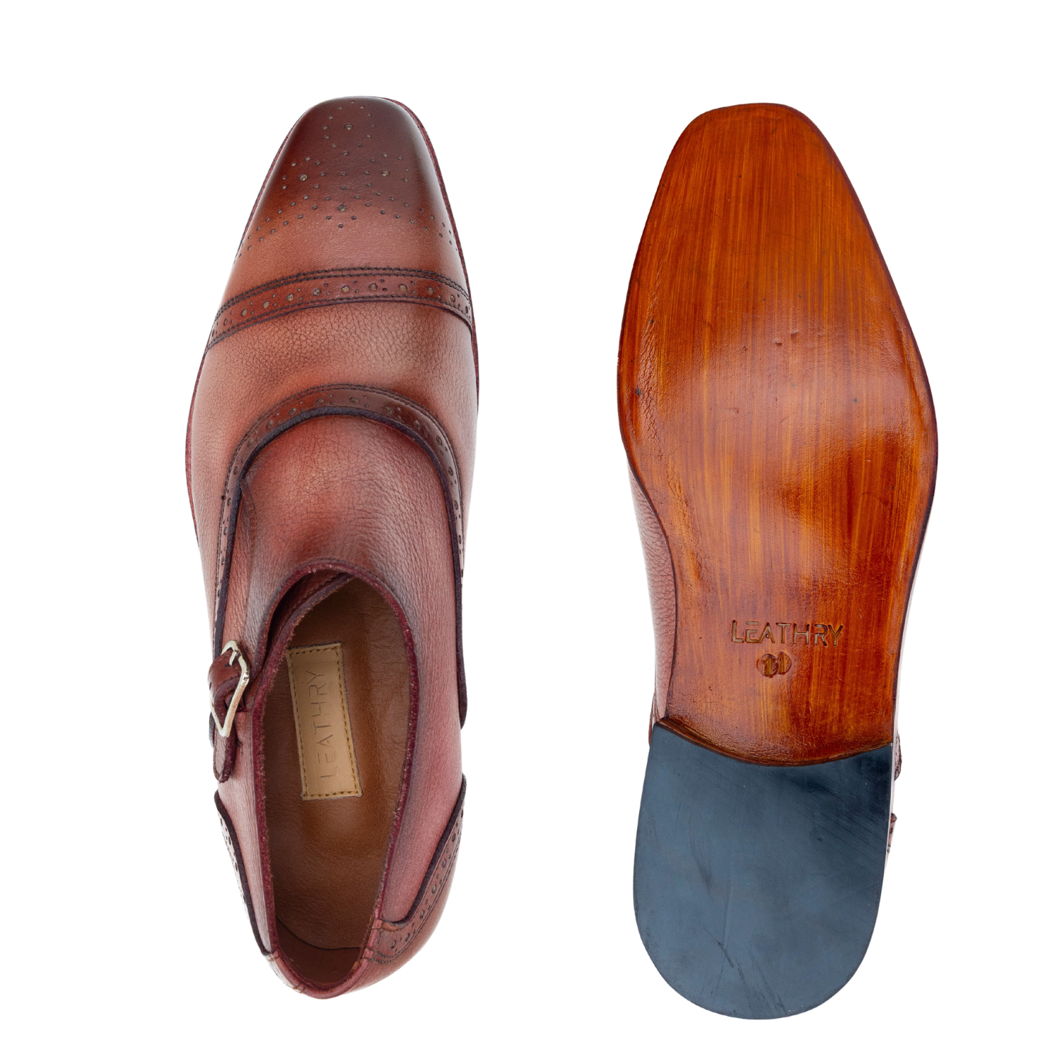 Brown leather shoe with wooden sole on a white background