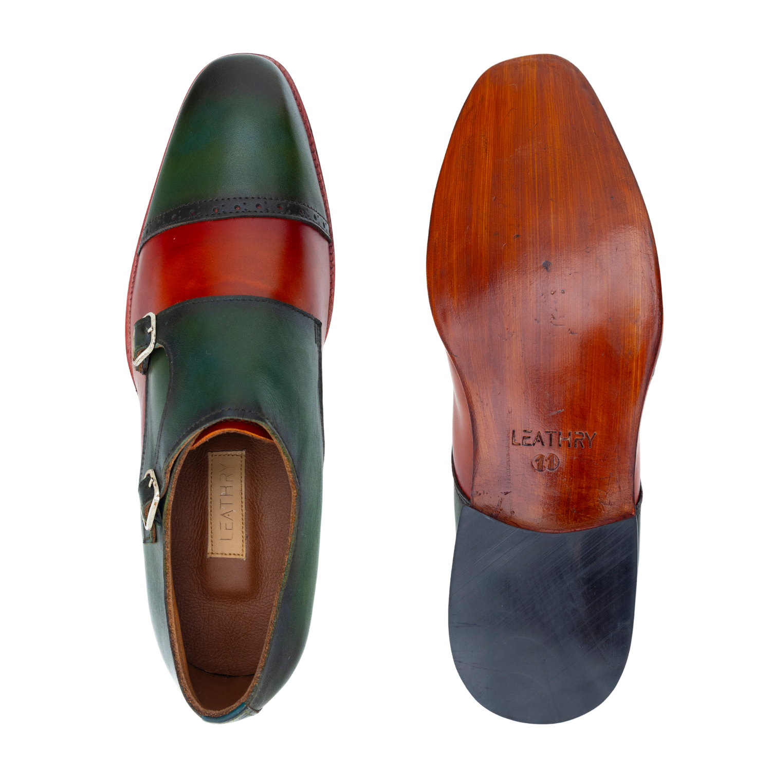 Multicolored leather shoe with wooden sole on a white background