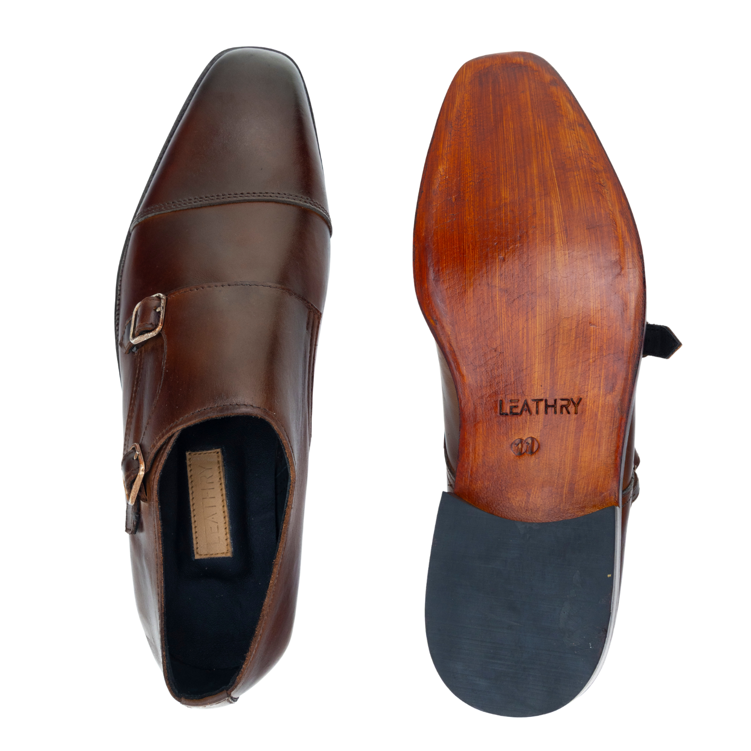 Brown leather shoes with wooden sole on a white background, featuring the brand 'Leathry'.