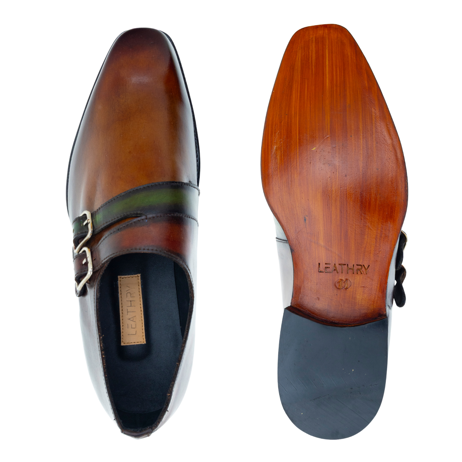 Brown leather shoes with wooden sole on a white background